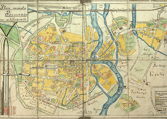 Handdrawn and handcoloured map in Polish of a plan for a city featuring a large river, a city centre, and outer districts.