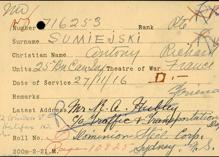 Image is a page taken from the service file of Anthony Sumiejski of the Canadian Expeditionary Force, First World War.