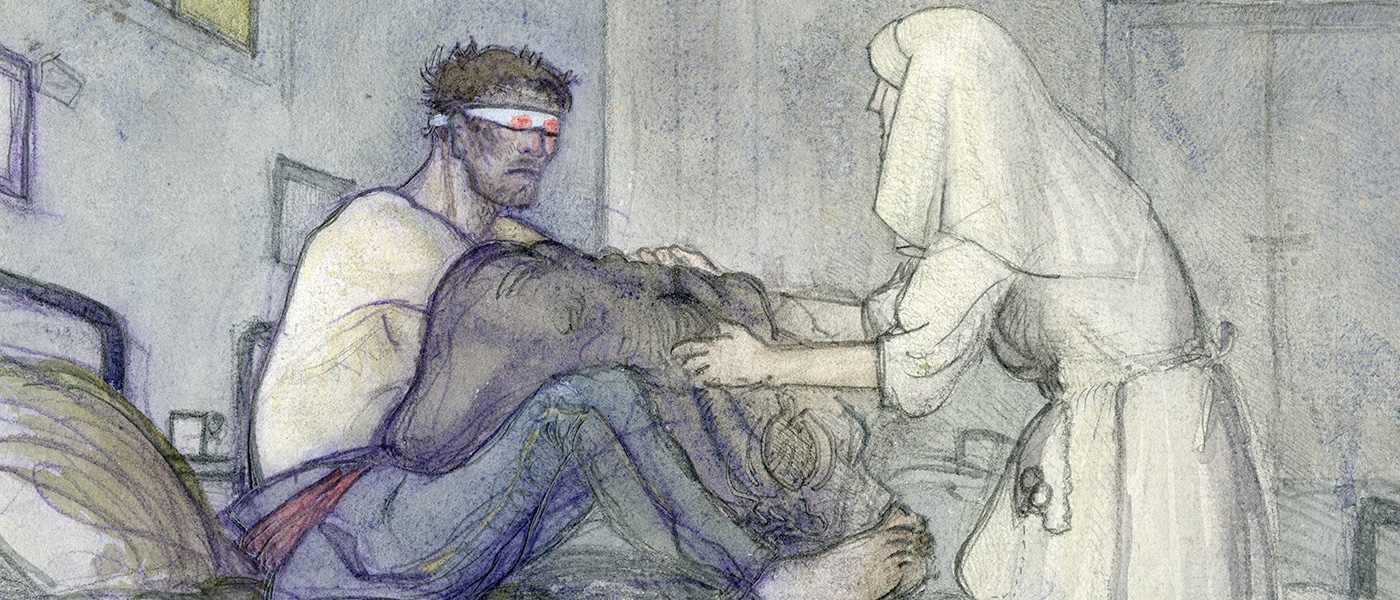 Image is a watercolour and pencil sketch showing a soldier suffering from an injury to his eyes. The sketch is by Katharine McLennan, created in 1917 at l’Hôpital d’Évacuation no. 18 in Vasseny, France where she served as a nurse's aide during the First World War.