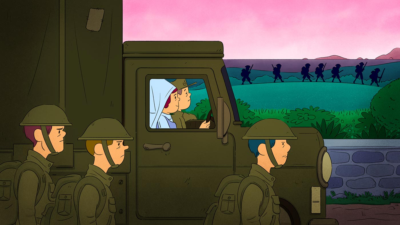 Helen Kendall is in her nursing uniform riding in the front passenger seat of a military truck. The driver is a young, tired looking soldier, and other soldiers in uniform and with backpacks are walking alongside the vehicle. Many soldiers are outlined walking in the distance.