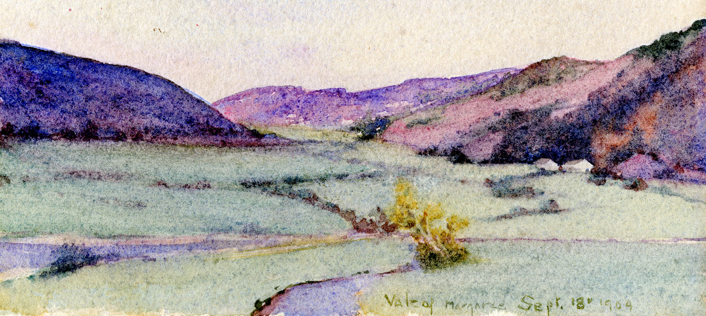 Watercolour painting of hills and a valley. There is a handpainted writing in the bottom left corner with the location and date that the landscape was created.