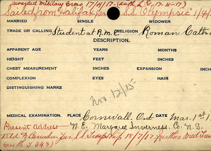Page tirée du dossier de service du lieutenant James Murphy du Corps expéditionnaire canadien, Première Guerre mondiale. 