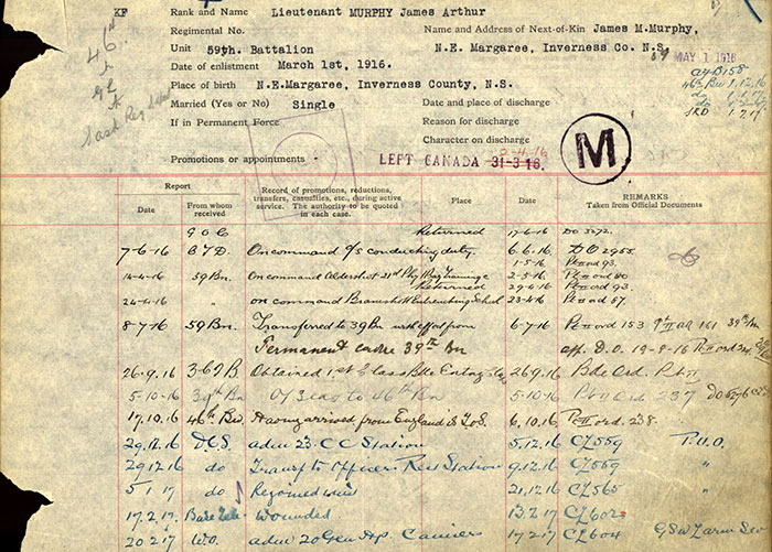 Page taken from the service file of Tunneller J.R. McDougall of the Canadian Expeditionary Force, First World War.