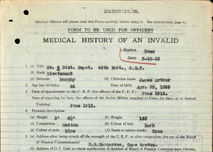 Page taken from the service file of Lieutenant James Murphy of the Canadian Expeditionary Force, First World War.