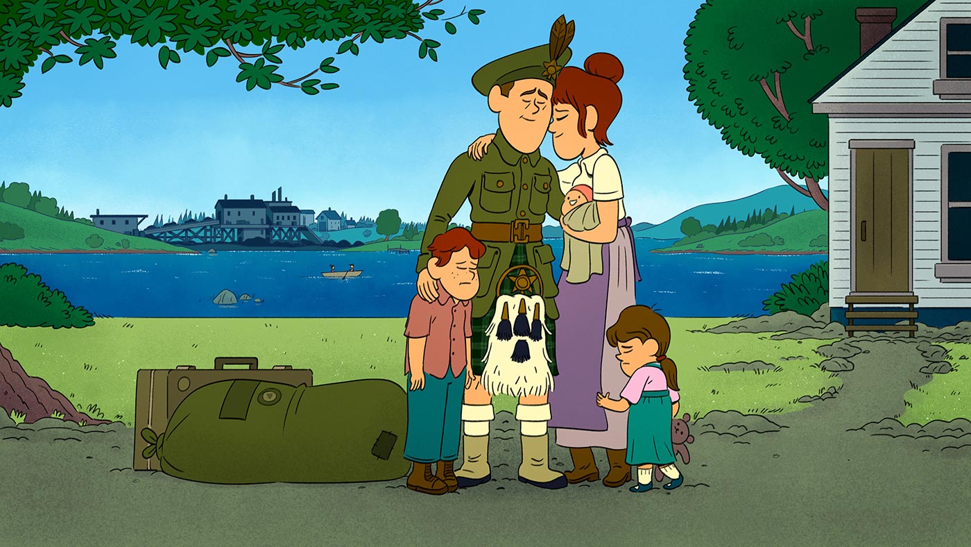 JR says goodbye to his wife and children outside as he leaves home to head to war. He is a wearing a military uniform with luggage on the ground in front of their house.  The bank head of a coal mine is visible across a body of water, and two people are sitting in a rowboat.