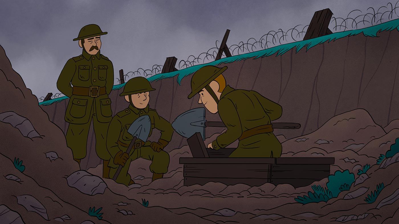 JR is pictured in uniform in the battlefield, entering a tunnel from a trench with a shovel in hand. Two men in matching uniforms watch from the side as he descends into the tunnel.