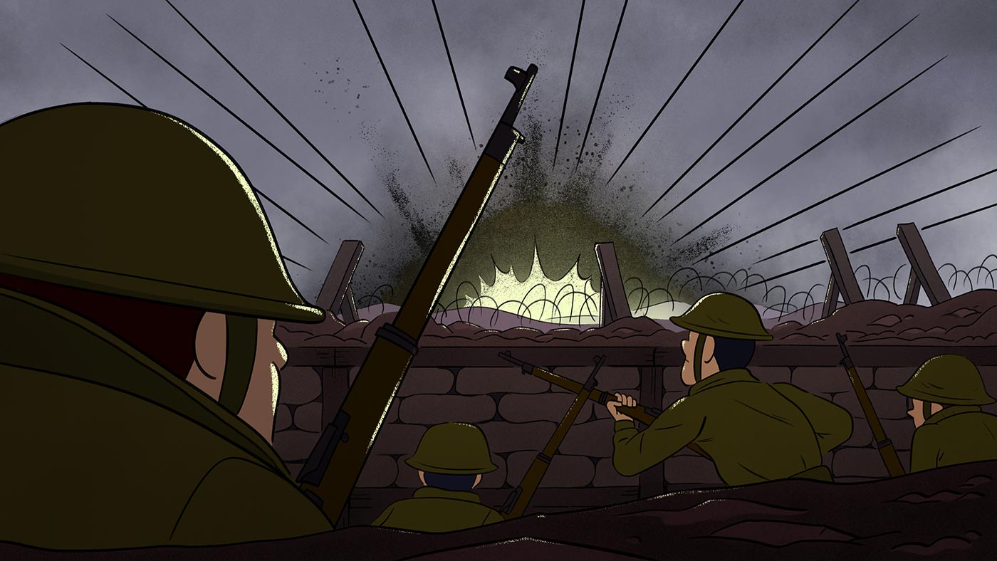 J.R. et trois soldats en uniforme, fusils en main, sont accroupis dans une tranchée, en attendant d’avancer sur le champ de bataille alors qu’il y a une grande explosion et des rafales de coups de feu pas trop loin.