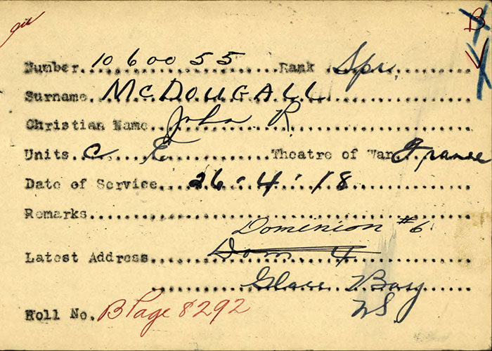 Page taken from the service file of Tunneller J.R. McDougall of the Canadian Expeditionary Force, First World War. This document is the first page of his Attestation Paper and lists personal details at the time of enlistment.